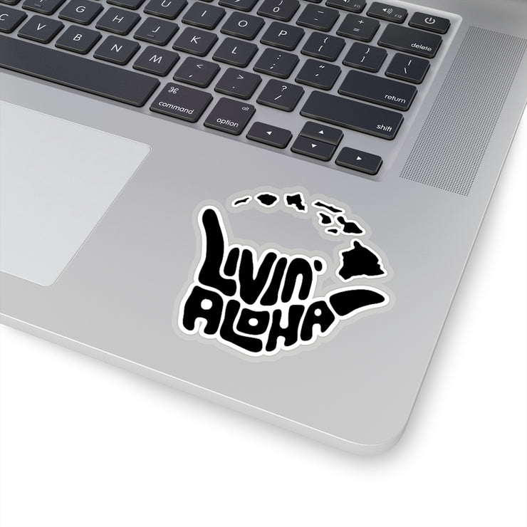 black text, white border, island logo Kiss-Cut Stickers - Livin&